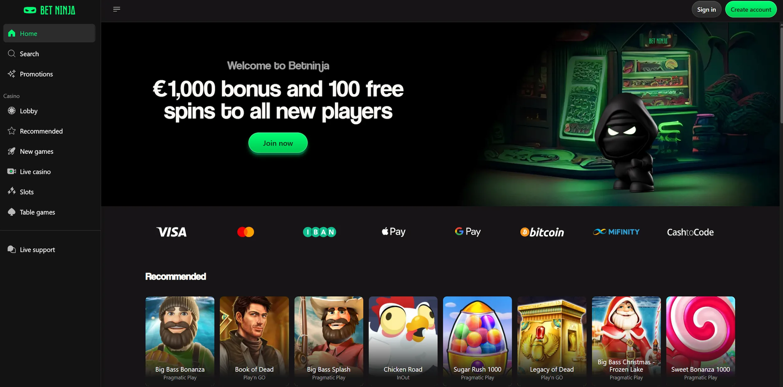 BetNinja casino homepage displaying welcome offer, selection of online pokies and site main navigation